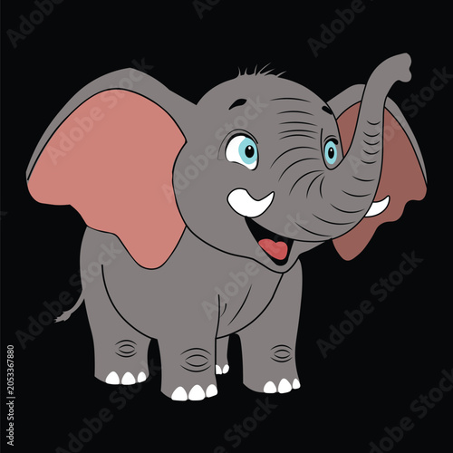 Cute Cartoon Baby Elephant Vector Illustration - Happy Smiling Elephant with Trunk Up on Black Background