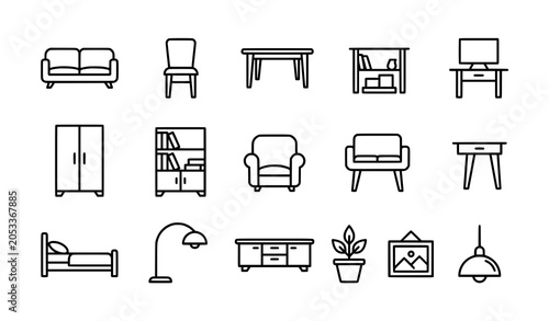 Line art icon set of modern home furniture and interior design elements