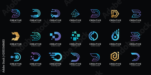 Initial letter D tech logo  data connection. Geometric abstract logo design icon vector isolated.