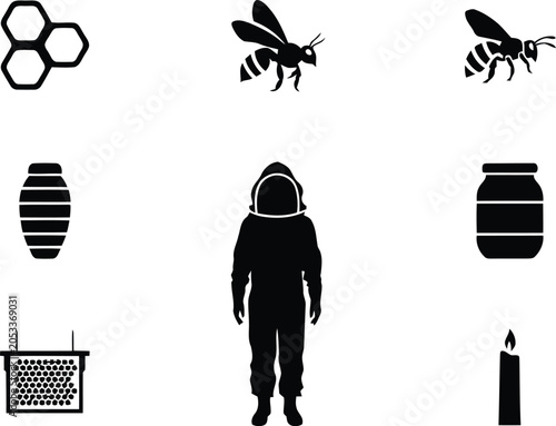 Obraz na płótnie Beekeeping industry icon set with beekeeper suit honey bee and hive products bee