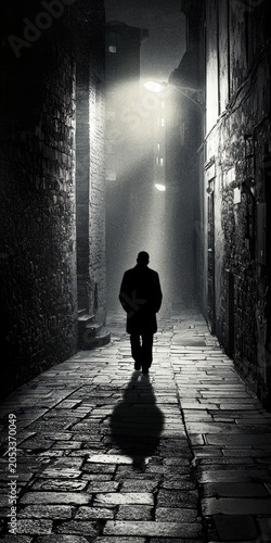 A solitary pedestrian navigates the dimly lit streets of a city after dark.