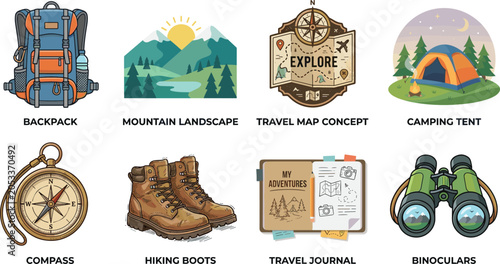 Quadro su tela Adventure Travel Vector Bundle Featuring Backpack Mountain Landscape Compass Hik