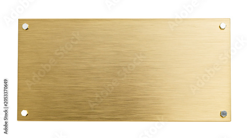 Fotografi Brushed brass rectangular plaque with four silver screws, isolated on transparen
