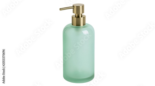 Quadro su tela Frosted green glass soap dispenser with gold pump mechanism, isolated on transpa