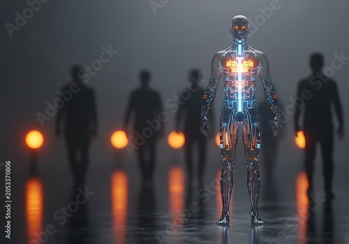 Futuristic transparent humanoid robot with glowing circuits and blurred silhouettes in the background