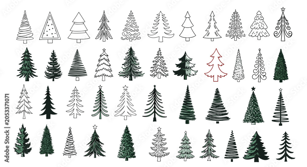 Obraz premium Huge variety of fifty different hand-drawn pine and evergreen tree silhouettes and sketches in various artistic styles and fills.