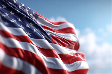 US flag waving against a soft sky, illuminated by warm light revealing premium fabric folds. Ample right copy space is ideal for logos, perfect for Fourth of July promotions and commercial design.