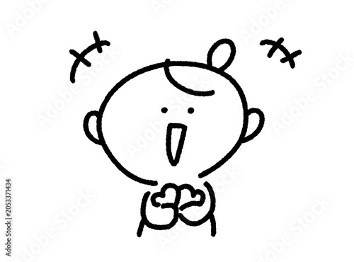 嬉しくて明るく笑う手描きのかわいい女性の白黒線画（楽しい・幸せ・応援）