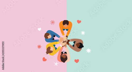 Fotografie Diverse group of people joining hands together in a circle.