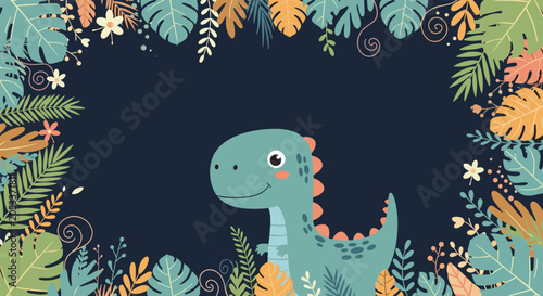 Adorable baby dinosaur character smiling inside a lush tropical jungle frame of colorful leaves and flowers on a dark navy blue background.