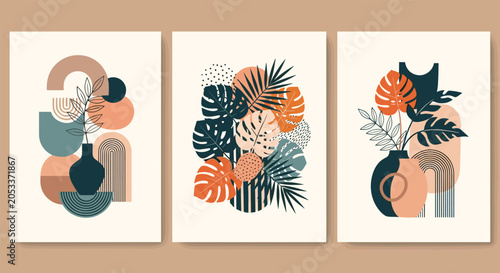 Set of three abstract bohemian posters with monstera leaves, palm fronds, and geometric shapes in earthy terracotta tones.
