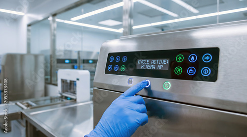 Technician operating plasma sterilizer in laboratory