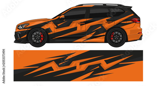 Orange and black lightning style car wrap graphic.