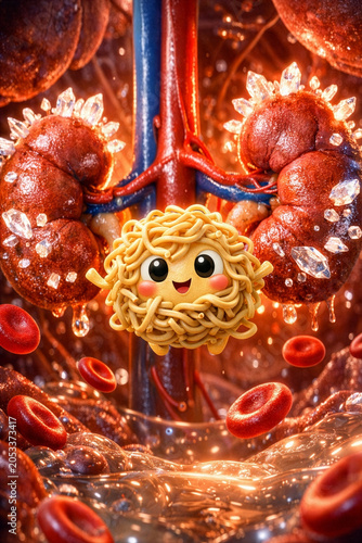 Whimsical Noodle Character in a Colorful Anatomy Scene