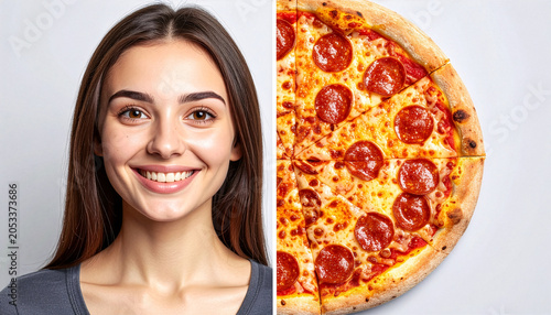 Smiling Woman with Delicious Pepperoni Pizza Slice