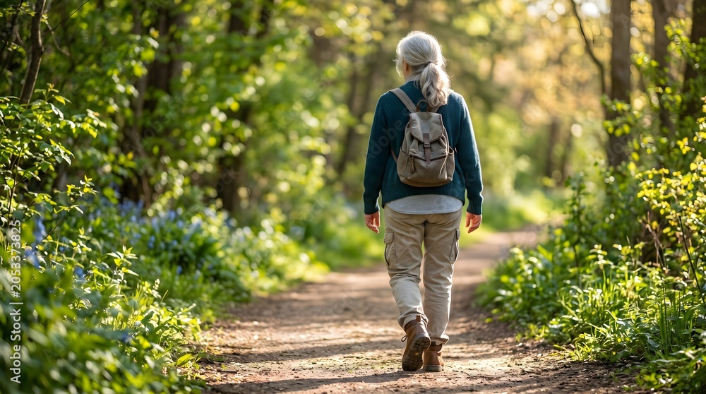 Fototapeta premium Active Senior Woman with Backpack Hiking on Sunlit Forest Trail for Healthy Aging