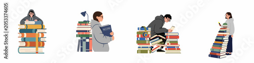 Bild auf Leinwand Set of vector illustrations featuring students and people studying with large stacks of books, representing education, learning, and academic research