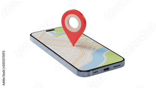 Navigation app on smartphone showing location pin on digital map with GPS marker