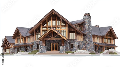 Large mountain lodge with stone chimney and wooden exterior, featuring multiple gabled roofs and large windows