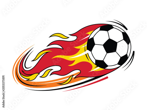 Minimalist flat vector icon of a flying soccer ball with clean dynamic speed lines