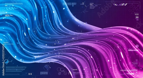Abstract blue and purple wave with digital interface