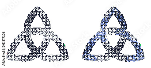 Celtic knot triangle maze puzzle with highlighted solution path
