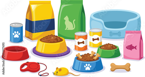 Pet care supplies vector set with dog and cat food bags bowls treats bed leash toys and canned food isolated on white background