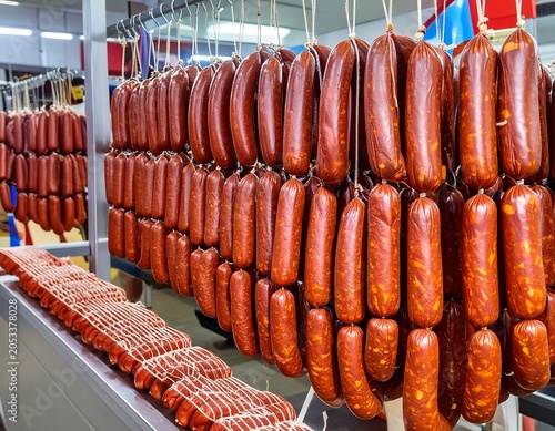 Rows of cured meats hang in a processing facility. Casing filled with seasoned ground meat. Focus on red sausages