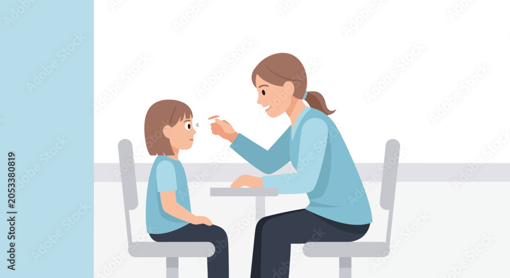 Obraz premium Pediatric eye exam: eye doctor testing child's vision at clinic