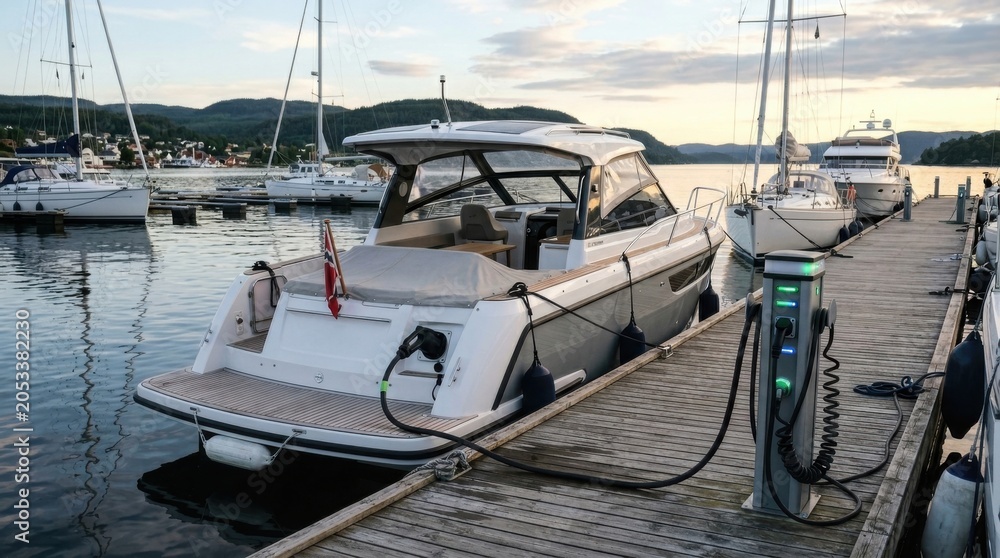 Fototapeta premium Modern Boat Charging at a Marina Dock under Scenic Sky