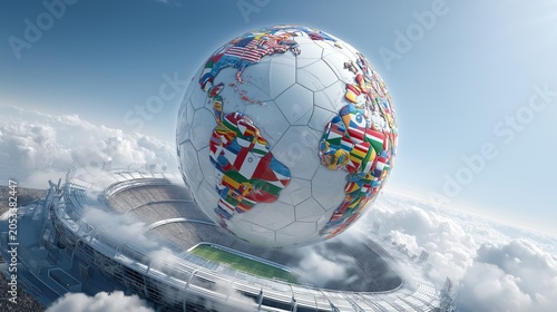 Global soccer ball with international flags rising above packed stadium clouds bright sky representing world football competition