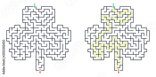 Shamrock clover shaped maze puzzle with highlighted solution path