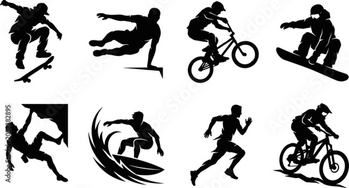 Foto Vector silhouettes of extreme sports athletes including skateboarding parkour bm