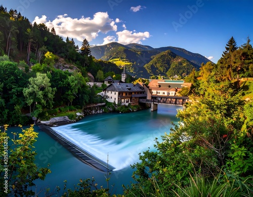 Serene panoramic view featuring a turquoise river, a charming town, lush greenery, and majestic mountains under a sunny sky