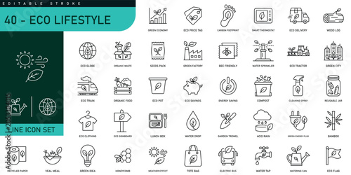 Fotografía Eco Lifestyle Line Icon Set featuring sustainability, green energy, recycling, o