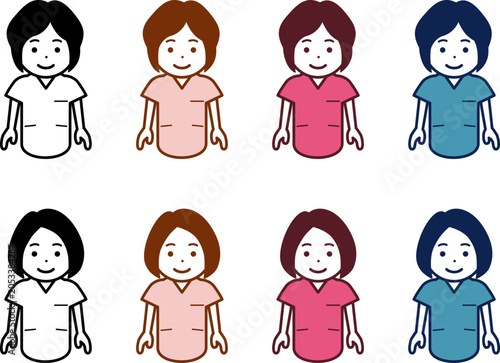 [髪型・色違い] 両手を下ろし、すまし顔の女性看護師のアイコン。その2