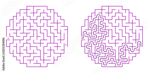Circular labyrinth printable with answers for kids on a transparent background, ideal for educational websites, books and print media
