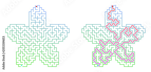 Printable flower shaped maze for kids with answers on a transparent background, ideal for educational books, magazines and table games