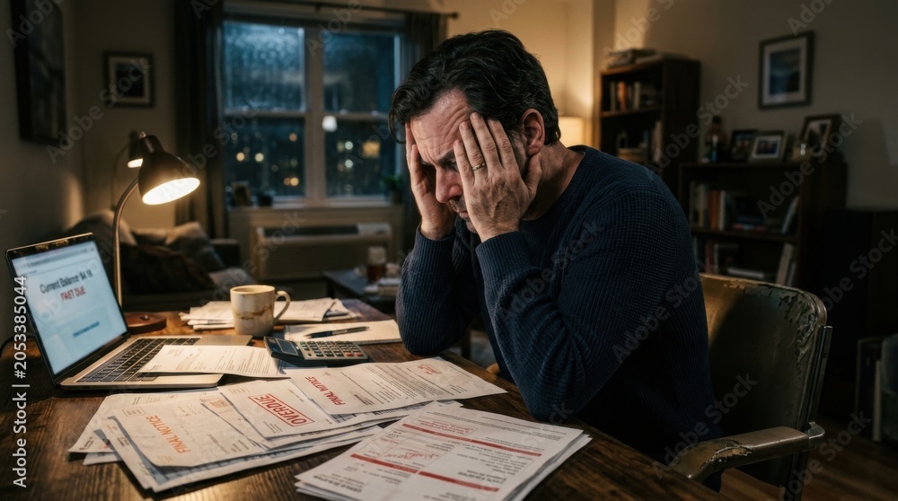 Obraz premium Managing Work Stress at Home with Paperwork and Anxiety