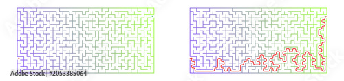 Rectangle labyrinth printable with answers for kids on a transparent background, ideal for educational websites, books and print media