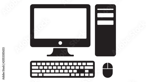 Modern desktop computer setup with monitor, CPU, keyboard, and mouse silhouettes