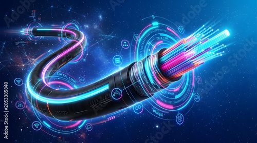 Close-up of a fiber optic cable with glowing strands transmitting data in a futuristic digital network.
