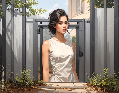 Portrait of a woman in a sleeveless white dress, standing before a metal gate with lush greenery surrounding her