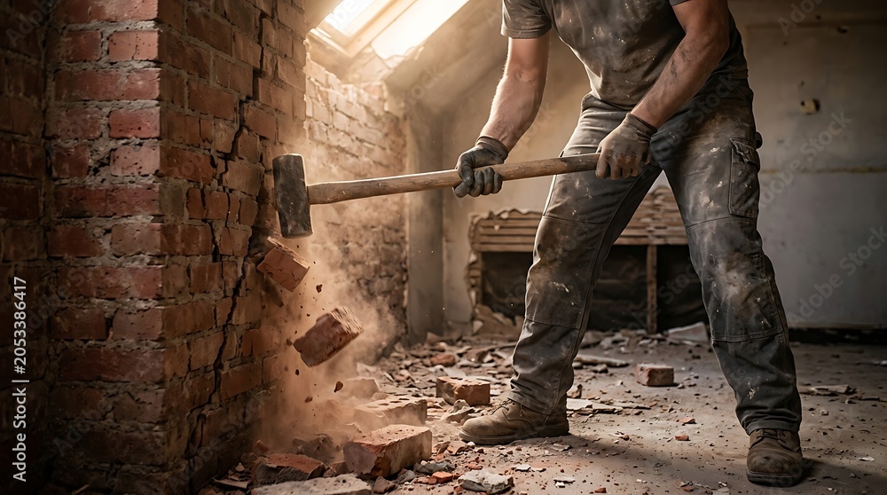 Fototapeta premium Man demolishing a brick wall with a sledgehammer