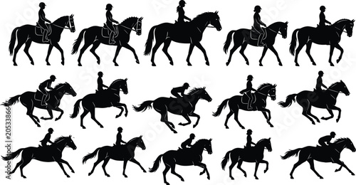 Obraz na płótnie Silhouette illustration of horses with riders in walking, trotting, galloping, a