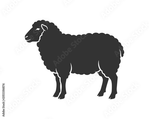 Silhouette of a fluffy sheep standing profile view.