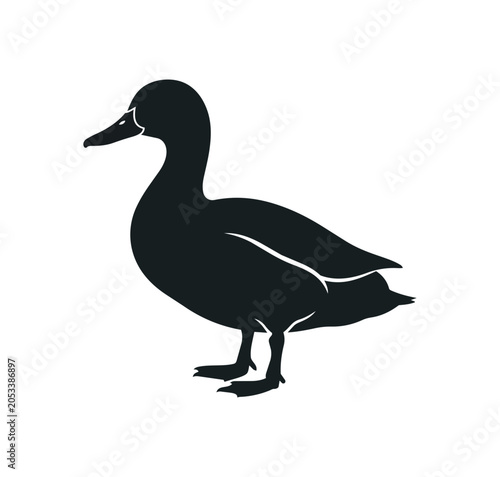 Silhouette of a standing duck facing left.