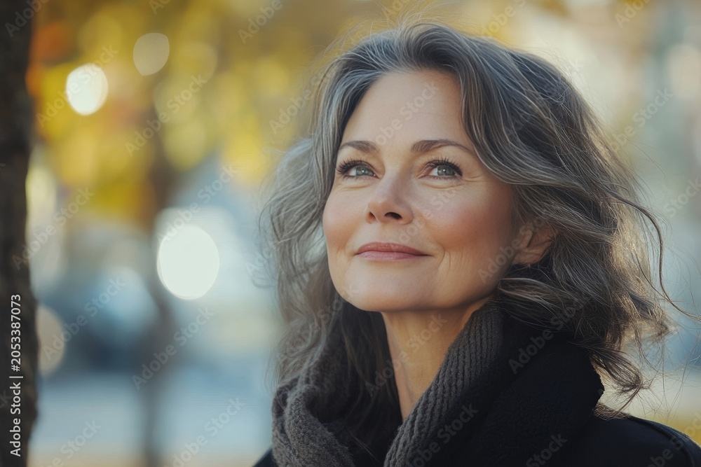 Obraz premium An attractive older woman with graying hair smiles contentedly while looking upwards in an autumn park setting.