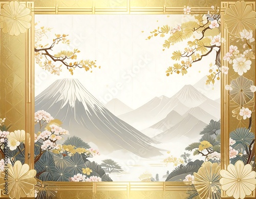 Serene panoramic view of majestic snow-capped mountains and valleys framed in golden ornate embellishments