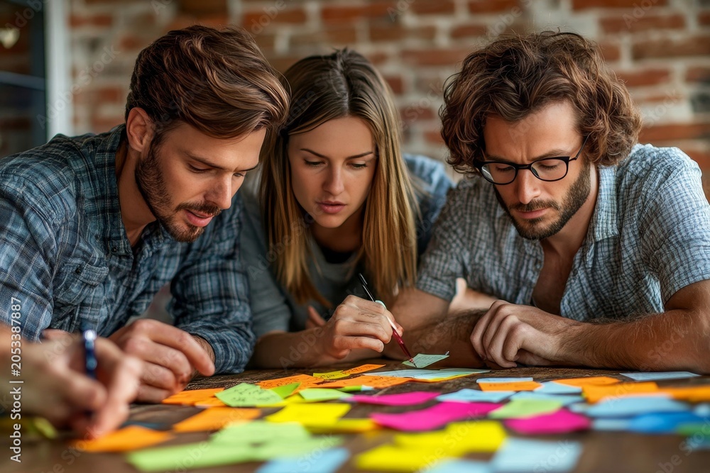 Fototapeta premium Three young adults intensely collaborate, writing notes on colorful sticky notes spread across a wooden table in a bright, casual office setting.